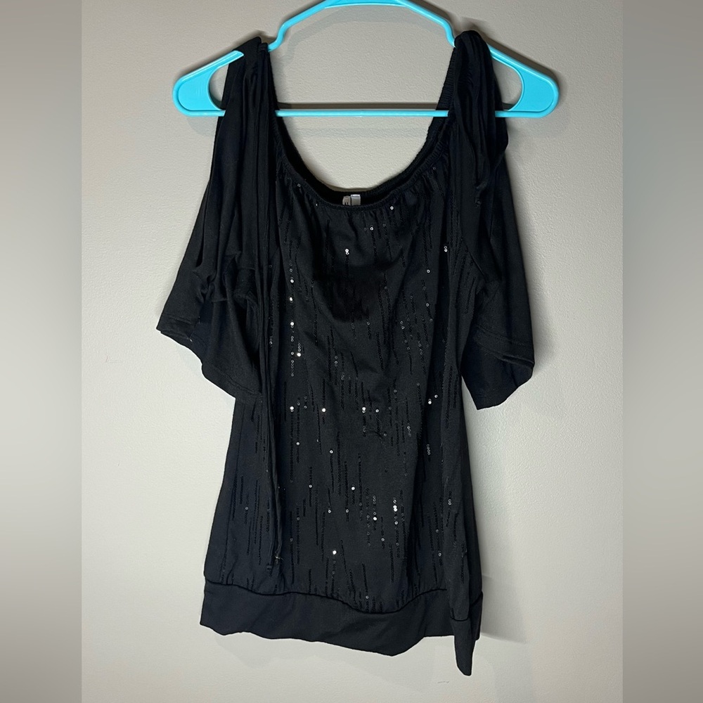 Studio Y Black Sequin Blouse with Cold Shoulder